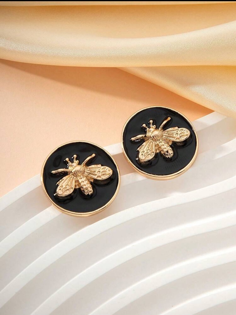 Gold Bee Black Enamel Stud Earrings